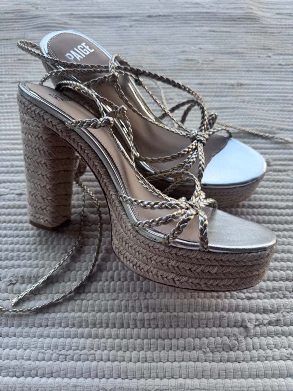 PAIGE Metallic Lace-Up Platform Heels Rope Espadrille Silver Size 10